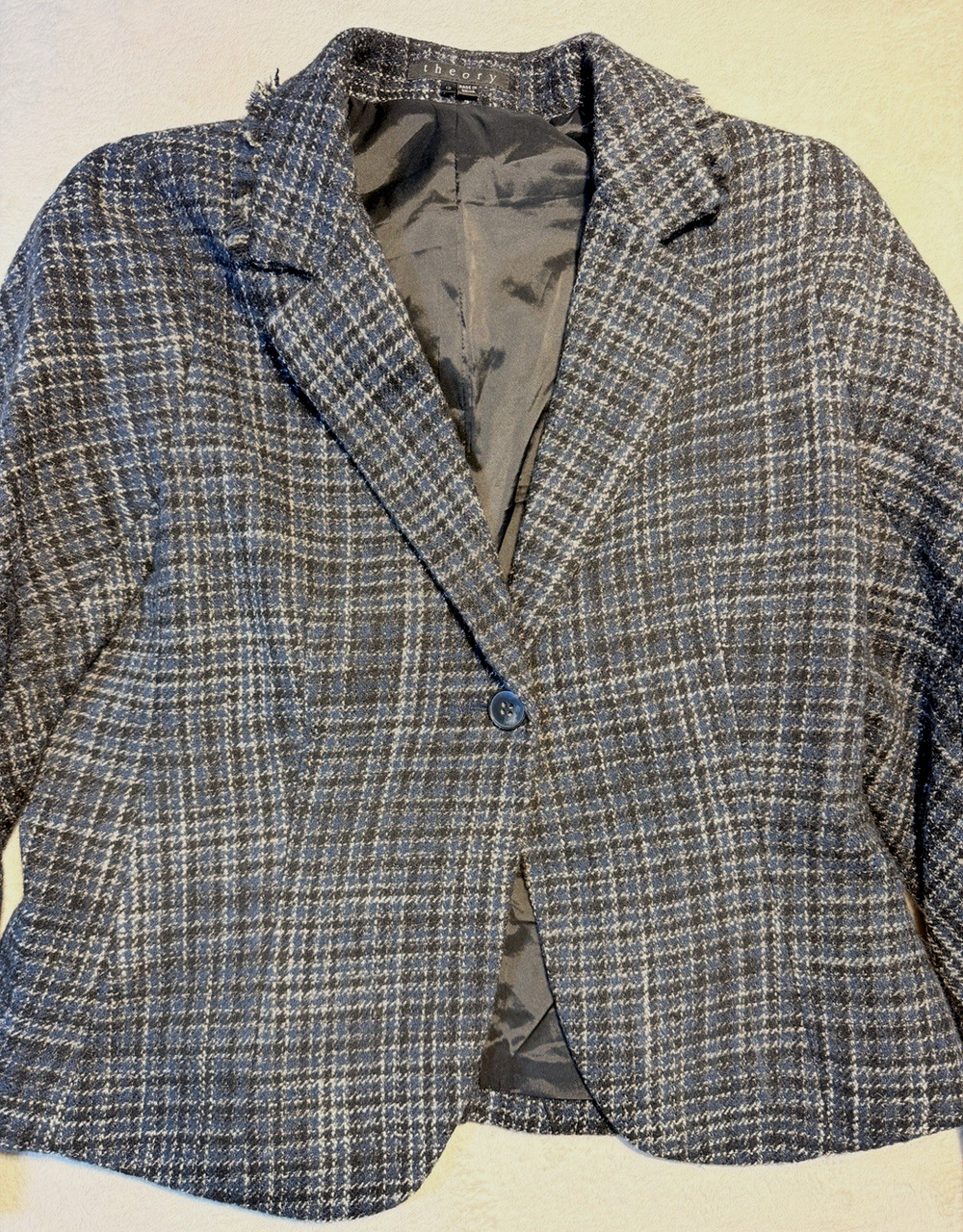 Theory Laseli Wool Tweed Fringe Blazer Blue Plaid Corpcore Dark Academia Sz 12